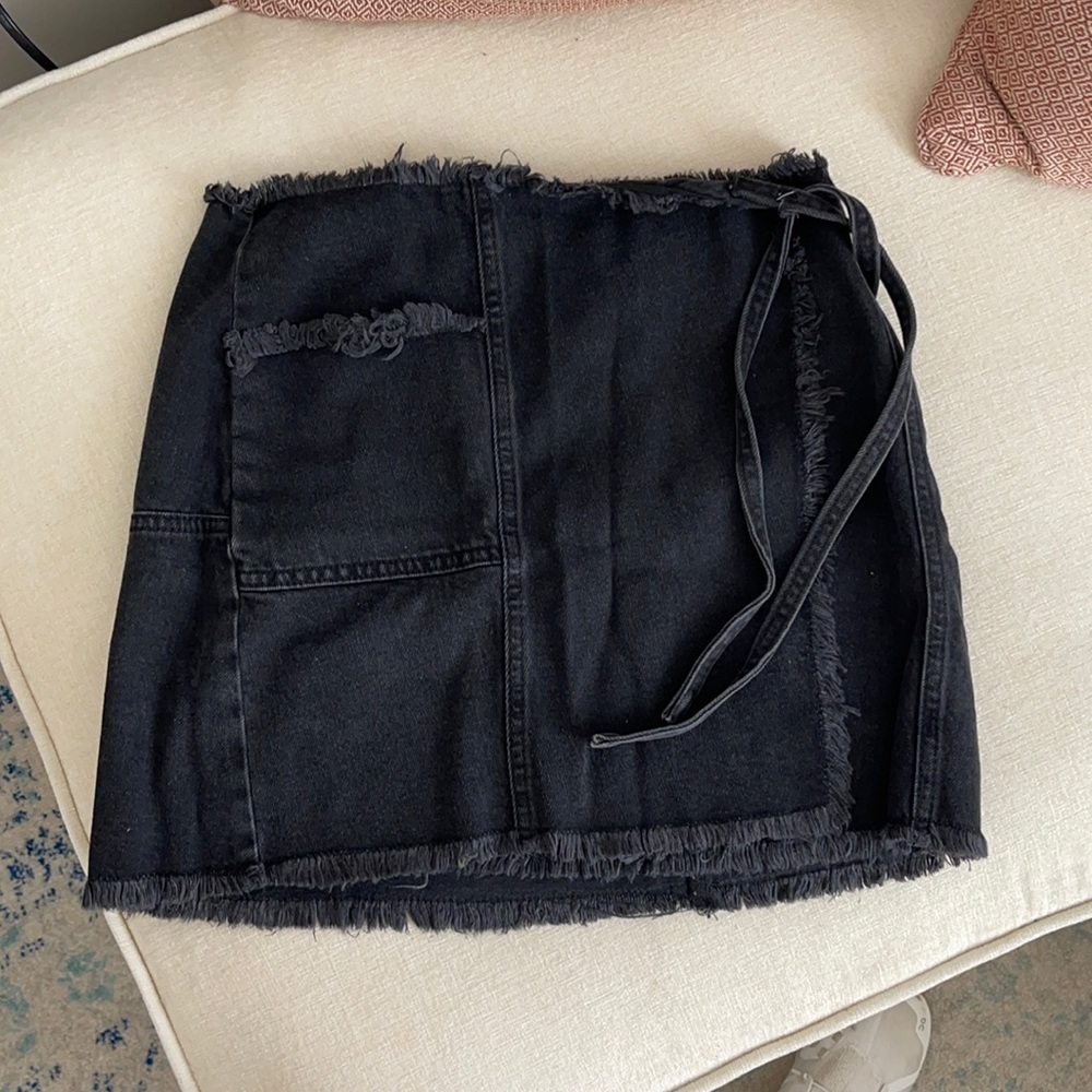 BDG black denim frayed mini skirt